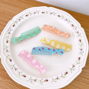 Cute Acrylic Comb Shaped Hair Clips With Sweet Floral Daisy Print For Women Girls Korean Style Side Duckbill Clip Accessory