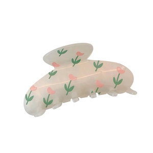 Floral print acrylic hair claw clip in creamy white with cute shell shape for women