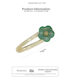 Detailed view of an 8cm green acrylic floral duckbill hair clip with size measurement