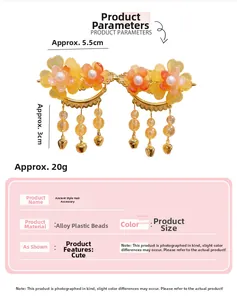 Détail de pinces à cheveux Hanfu faites main avec fleurs orange, perles et clochettes