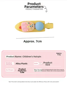 Detail of yellow children hair clip with pink ice cream motif and dimensions chart