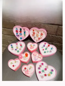 Kids jewelry gift set with gemstone and cartoon rings in pink heart-shaped box