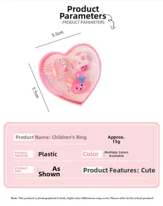 Detailed specs of kids ring set featuring cartoon bunny and mushroom in a heart box