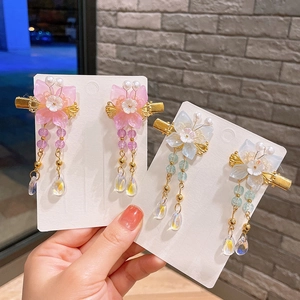 Pinces à cheveux Hanfu avec fleurs roses et bleues, perles et longs glands fluides