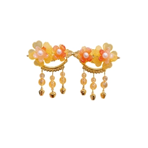 Accessoires de cheveux Hanfu faits main avec fleurs orange et glands dorés