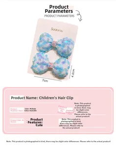 Dettaglio dei fermagli per capelli a fiocco con paillettes da 7 cm e dimensioni prodotto