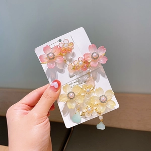 Roze en gele kersenbloesem haarspeldjes met parels en hartjes voor meisjes