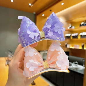 Barrettes à cheveux nœud en maille avec paillettes et fleurs pour filles en violet
