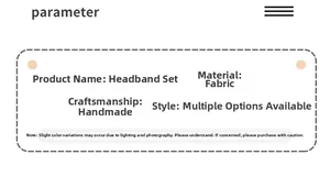 Detail specifications of handmade fabric headband set showing materials and style options