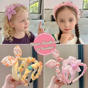 Kids Floral Fabric Headband Sweet Bunny Ears Mesh Flower Hairband Anti-slip Princess Hair Accessory For Girls Daily Party