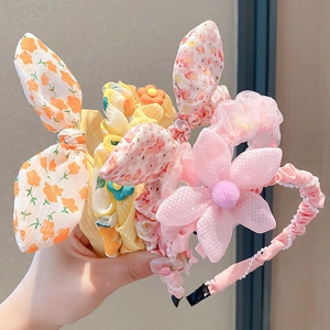 Floral rabbit ear and mesh flower headbands for girls including three cute fabric designs