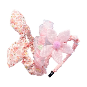 Pink floral girl headband set with sweet fabric flowers and elegant pearl bead trim