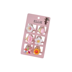 Sechser-Set bunte Mini-Haarklammern für Mädchen auf einer dekorativen rosa Karte