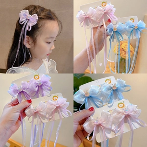 Kids organza bow hair clips with silk ribbons and cute rabbit charms for girls
