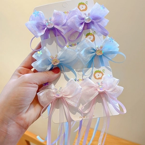 Handmade princess bow hair clips set with chiffon streamers and glittery rabbit decor