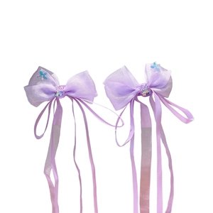 Purple bow hair clips for girls featuring chiffon ribbons and colorful rabbit charm
