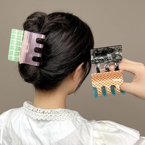 Women Sweet Acetate Square Hair Claw Clip Checkerboard Marble Pattern Color Block Large Hair Accessory For Hair Styling