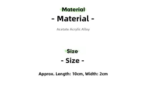 Detailed chart showing hair clip materials like acetate, acrylic, alloy and 10cm size specs
