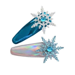 Set of two ice blue princess snowflake BB hair clips with glitter and blue faux gemstones