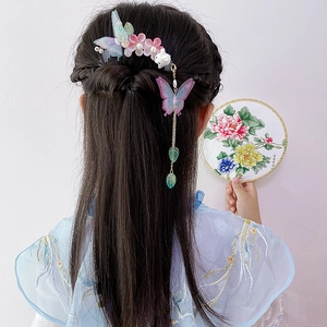 Kinder Chinesischer Antiker Stil Blume Schmetterling Quaste Haarkamm Für Mädchen Hanfu Harz Metall Künstliche Perle Haarschmuck