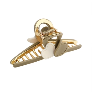 Elegant milk tea large heart hair claw clip with golden alloy and olive green accents