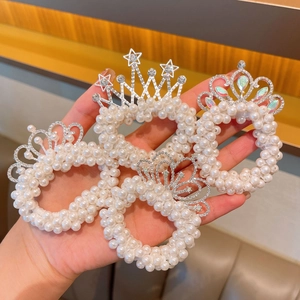 Kids Princess Style Alloy Crown Hair Ties With Artificial Pearl And Rhinestones Sweet Girl Bun Elastic Hair Band Accessories