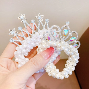 Charming princess pearl hair ties with sparkling crown and star crystal ornaments