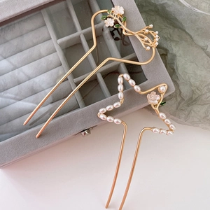 Vintage Gouden Legering Hart Ster Bloem Haarstokje Met Kunstparel Elegante U-Vormige Haarseld Voor Vrouwen Bruiloft Sieraden