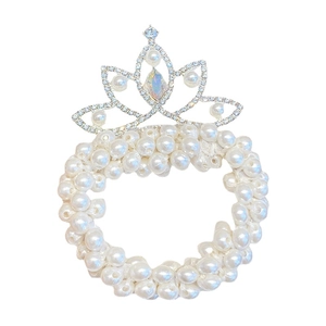 Elegant kids pearl hair scrunchie featuring a silver crown with sparkling crystal rhinestones
