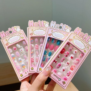 Cartoon Kids Press On Nails For Girls Detachable Nail Stickers With Unicorn Rainbow Stars Heart Pattern Artificial Nail Art Decor