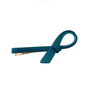 Elegant teal acetate bow hair clip with a gold metal duckbill clamp for women