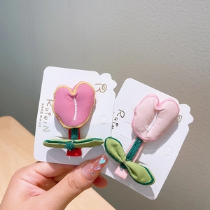 Handmade embroidered tulip hair clips set in pink fabric for women and kids