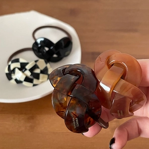 Elegant checkerboard and amber acetate hair ties with France handmade gold lettering