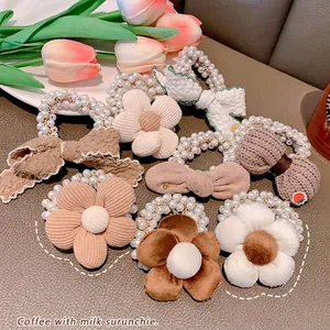 Elastici per capelli con fiori e perle marroni per bambine con fiocchi in tessuto e pizzo