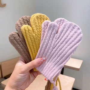 Winter knitted neck-hanging warm gloves for kids in solid corn pattern brown yellow pink