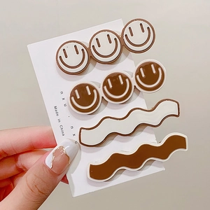 Set of 4 cute smiling face and wavy hair clips in milk tea colors for women's hair styling