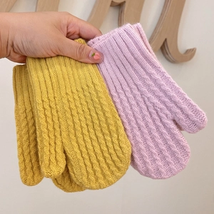 Winter thick knit mittens for children featuring warm corn texture and solid ribbed cuffs