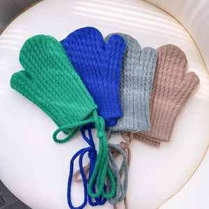Winter thermal knit mittens for kids with cord in green, blue, grey and beige colors
