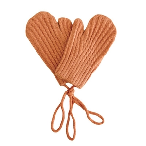 Winter kids warm knitted ginger orange gloves with ribbed texture and neck strap