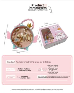 Detailed size view of kids pink cartoon jewelry gift box set with beads and bunny clips