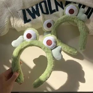 Cute Cartoon Big Eye Frog Plush Headband For Women Soft Green Animal Hair Band For Washing Face Mask Make Up Accessories