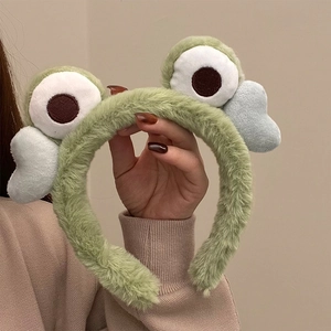 Cute green plush frog hairband with large eyes and blue heart charms for face washing
