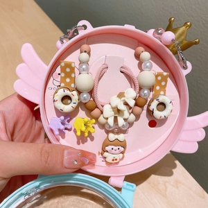 Kids jewelry gift box with cartoon girl pendant necklace and donut hair clips in pink case