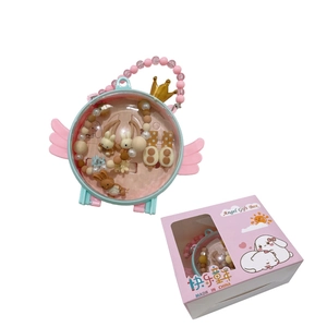 Angel gift box with rabbit cartoon jewelry set and bead necklace for little girls