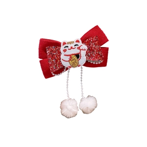 Barrette de Nouvel An chinois avec nœud rouge, broderie chat porte-bonheur et pompons