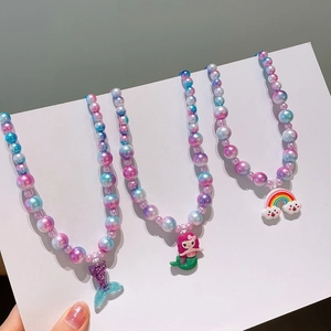 Colorful mermaid princess necklace and bracelet set with gradient pearls and cartoon charms