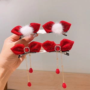 Fermagli per Capelli a Fiocco di Velluto Rosso per Ragazze Stile Capodanno Cinese Nappa Strass Perla Artificiale Accessori