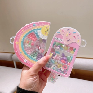 Kids DIY bead jewelry making kit with rainbow and ice cream shaped storage boxes