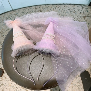 Serre-têtes de princesse rose et violet avec chapeau à paillettes et long voile de tulle