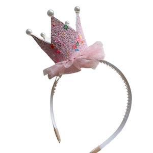 Serre-tête couronne rose pour filles avec paillettes, perles blanches et dentelle fleurie